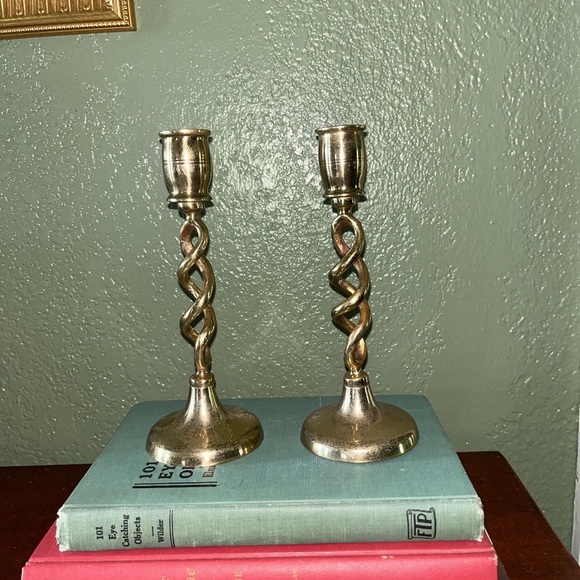 Vintage Brass Open Spiral Barley Twist Candlestick Holders 7”